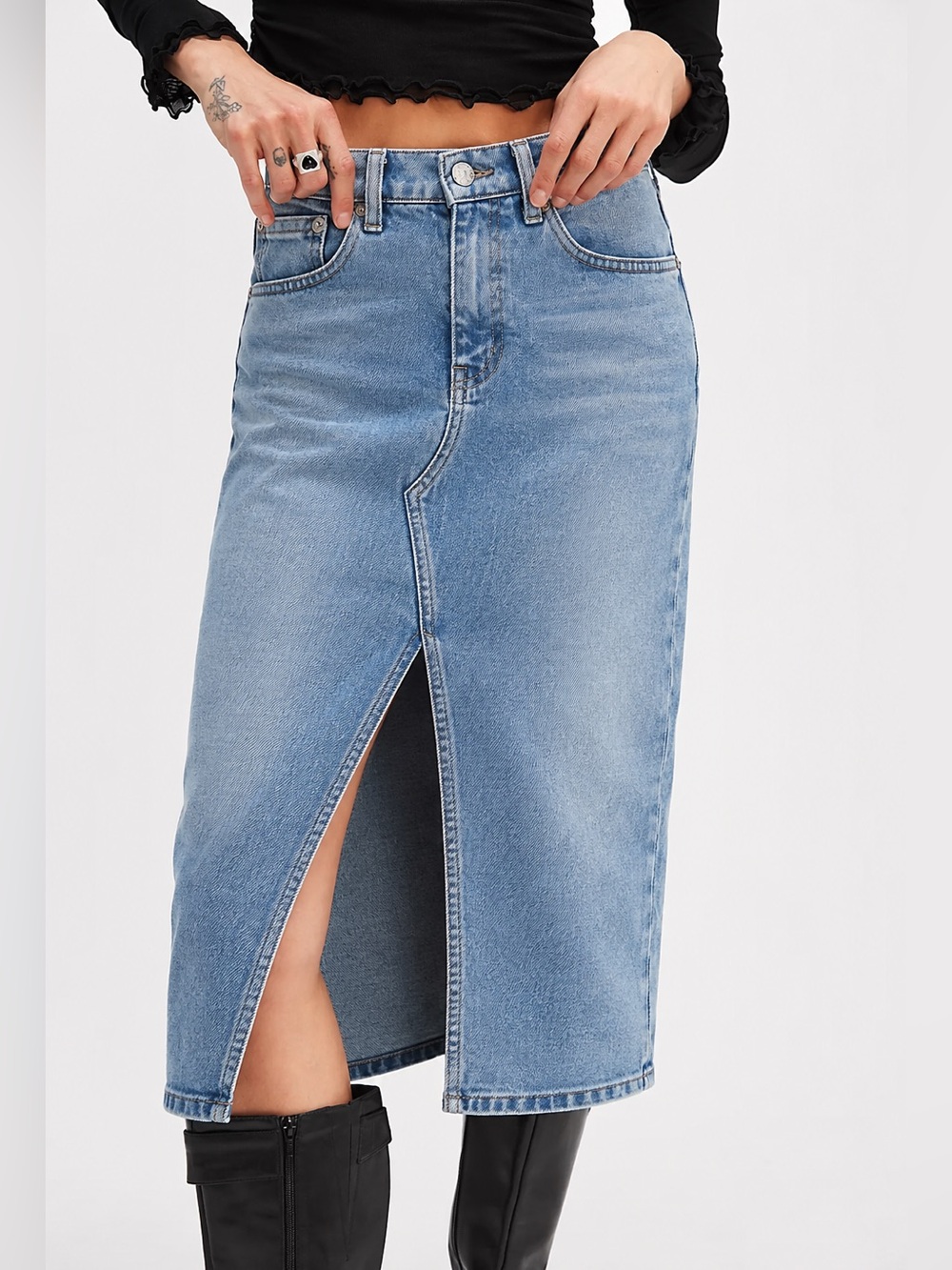 AG Jeans Alicia Light Wash Distressed Denim Midi Pencil Skirt Front Slit Size 28